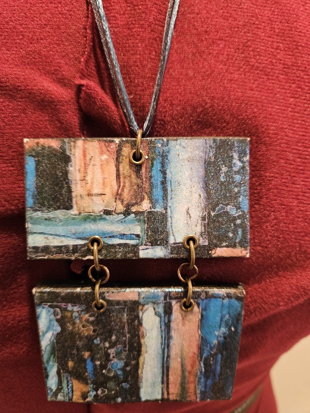 Abstract Blue and Peach Rectangular Pendant OOAK Statement Necklace 16" Length